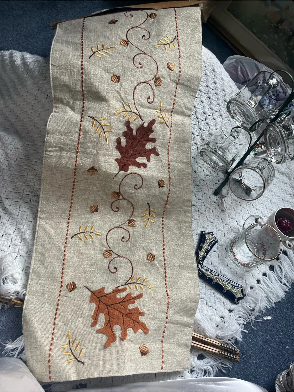 Autumn Leaf Embroidered Table Runner - Beige and Rust